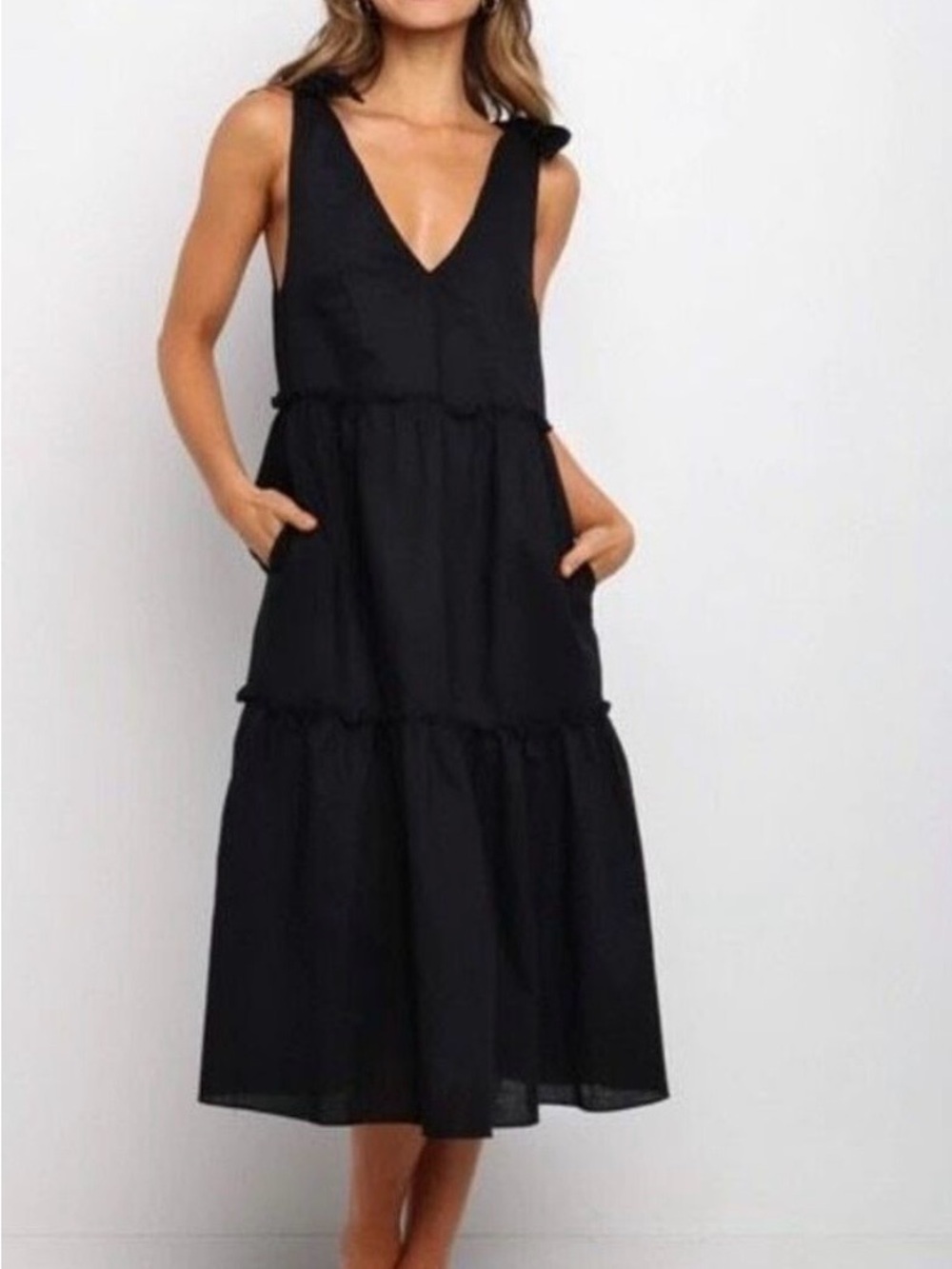 Petal and Pup Black V-Neck Tiered Midi Dress in Linen Cotton Blend